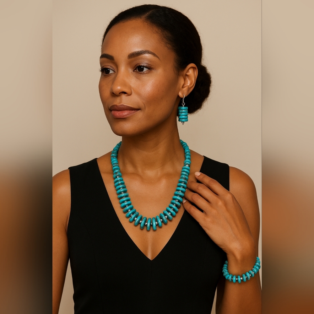 Turquoise Beaded Necklace Bracelet Earrings Set Handmade Southwestern Boho